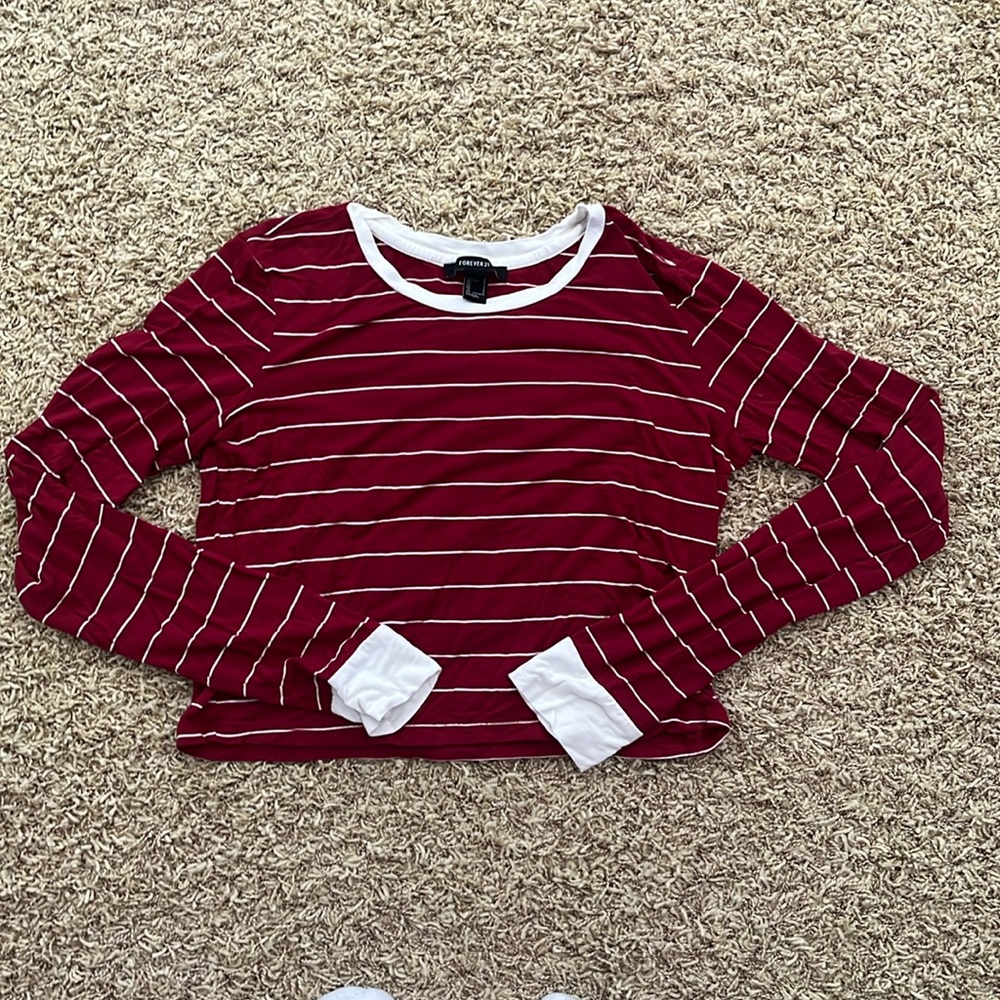 Red and White Striped Long Sleeve Cropped Shirt
